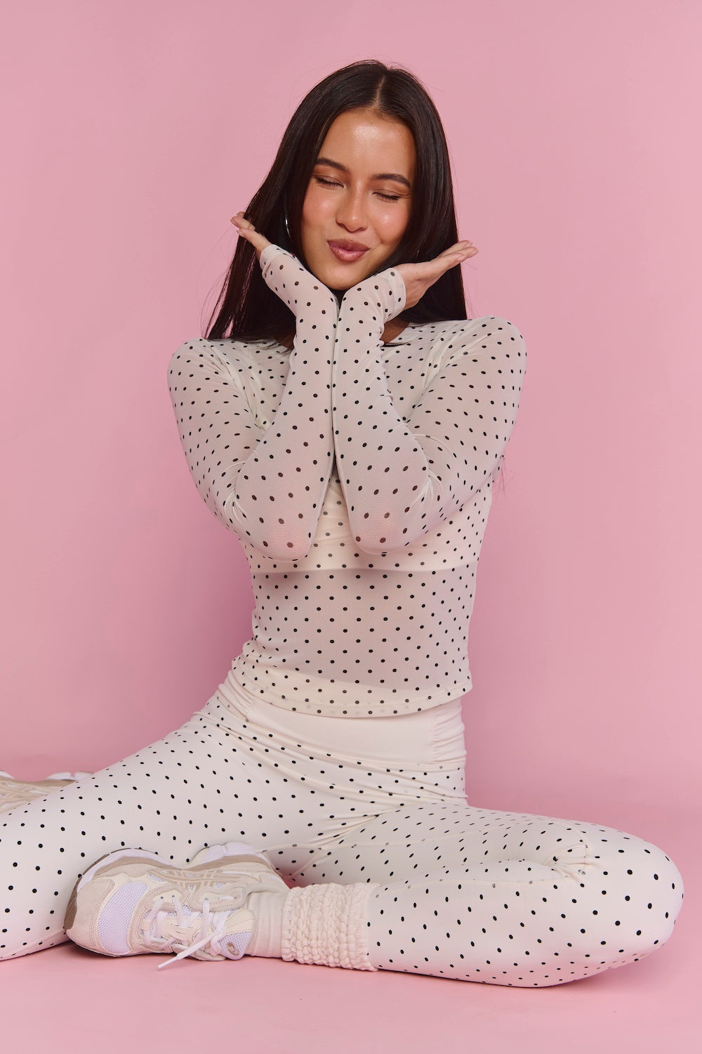 Astoria Mesh Long Sleeve Top - Cream Polka