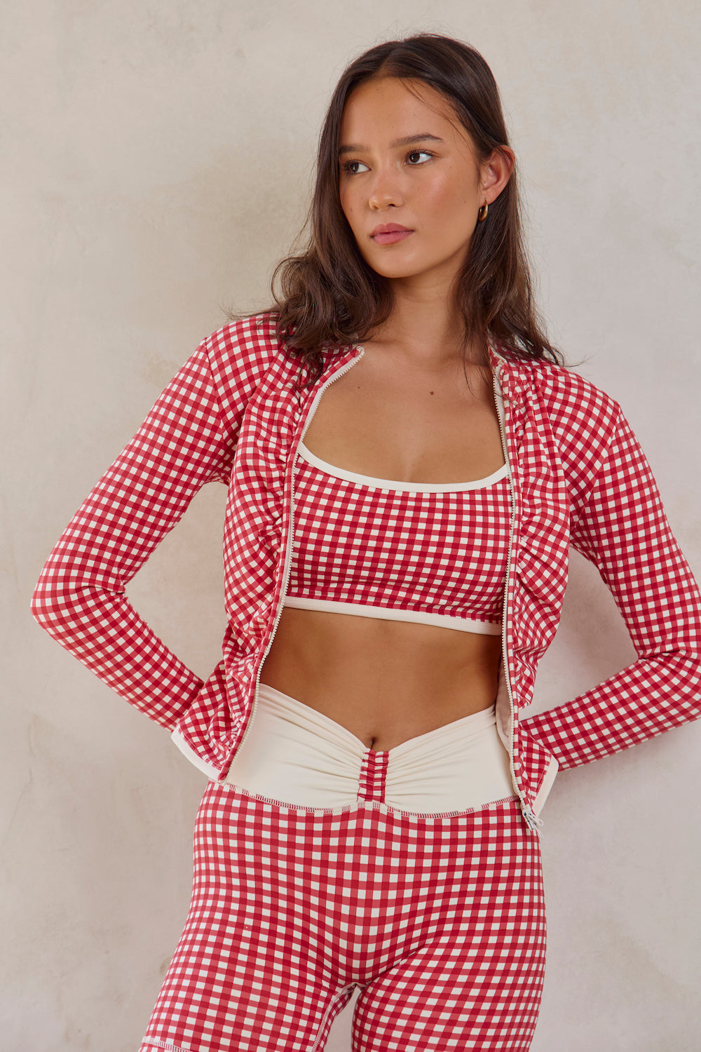Astoria LUXE BALANCE Ruched Zip Up Jacket - Red Gingham