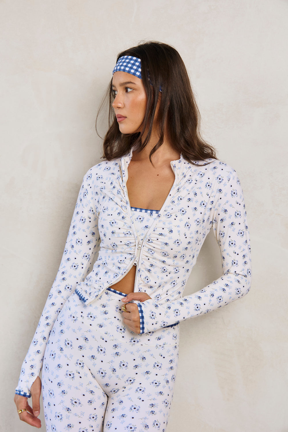 Astoria LUXE BALANCE Ruched Zip Up Jacket - Blueberry Gingham
