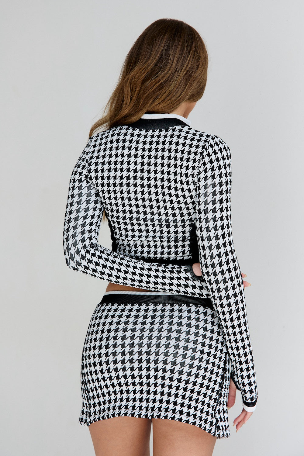 Astoria Seamless Knit Zip Up Jacket - Black/Grey Houndstooth